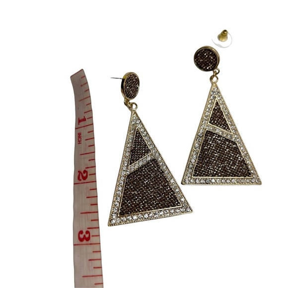 Gold Glitter Black Mesh Rhinestone Triangle Shaped Drop Pierced Earrings - Picture 8 of 8